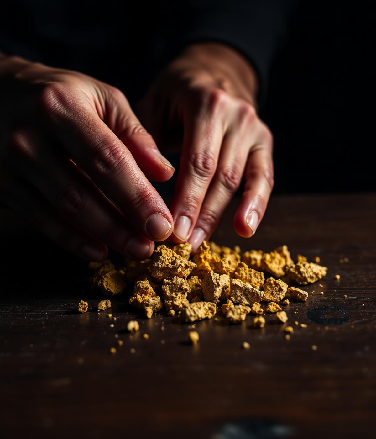 Hands examining raw gold ore fragments on a dark table