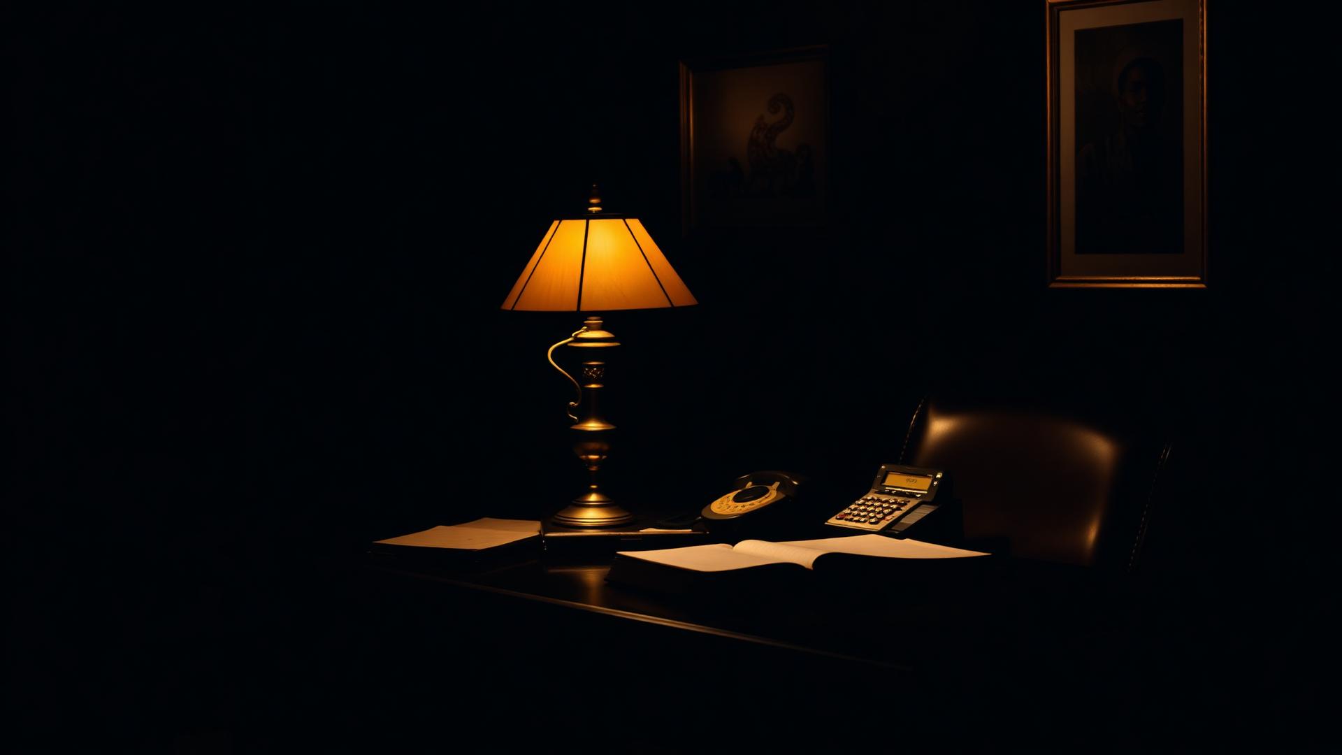 Warmly lit dark office with a gold desk lamp