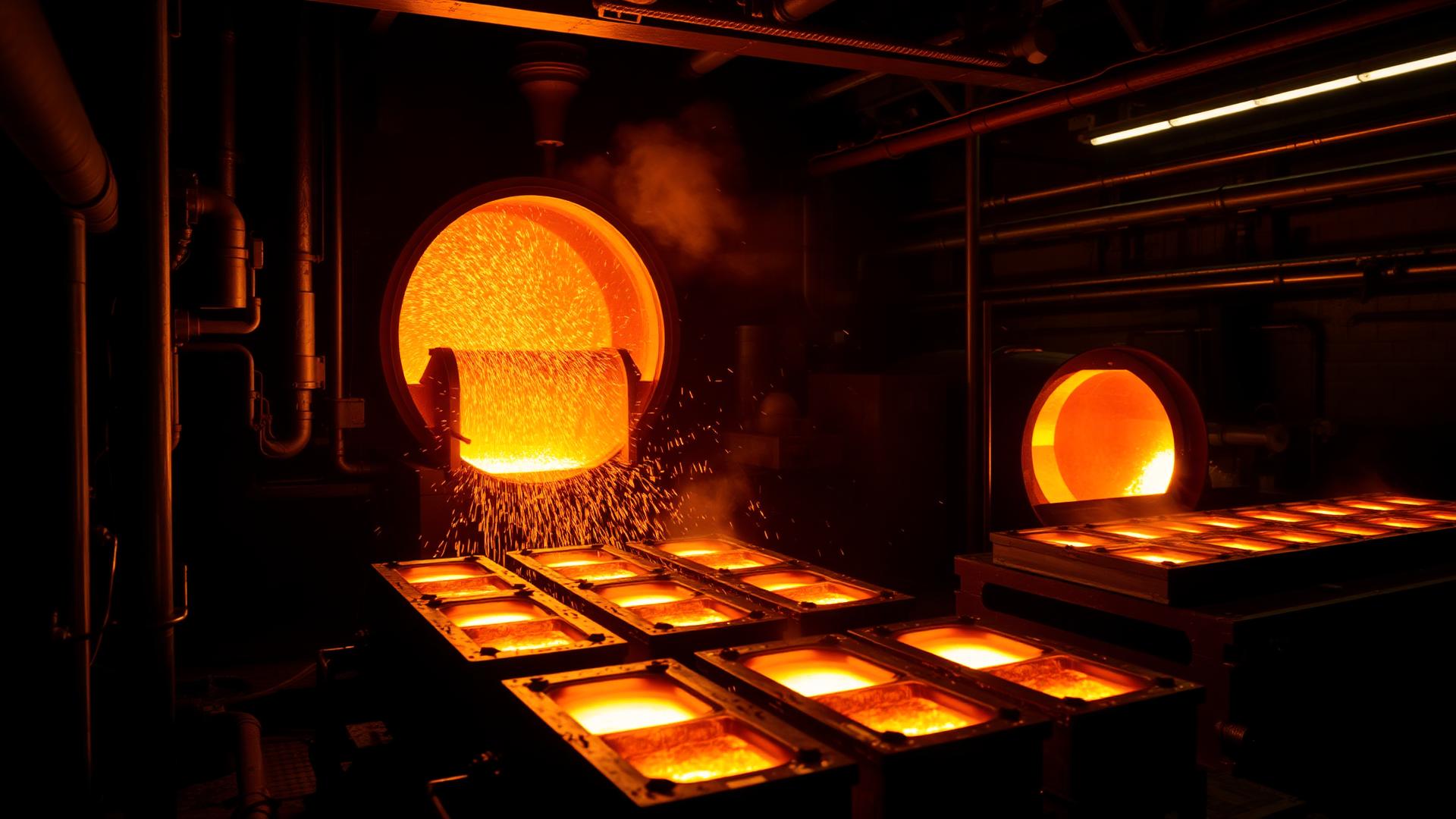 Molten gold being poured into ingot molds inside a refinery